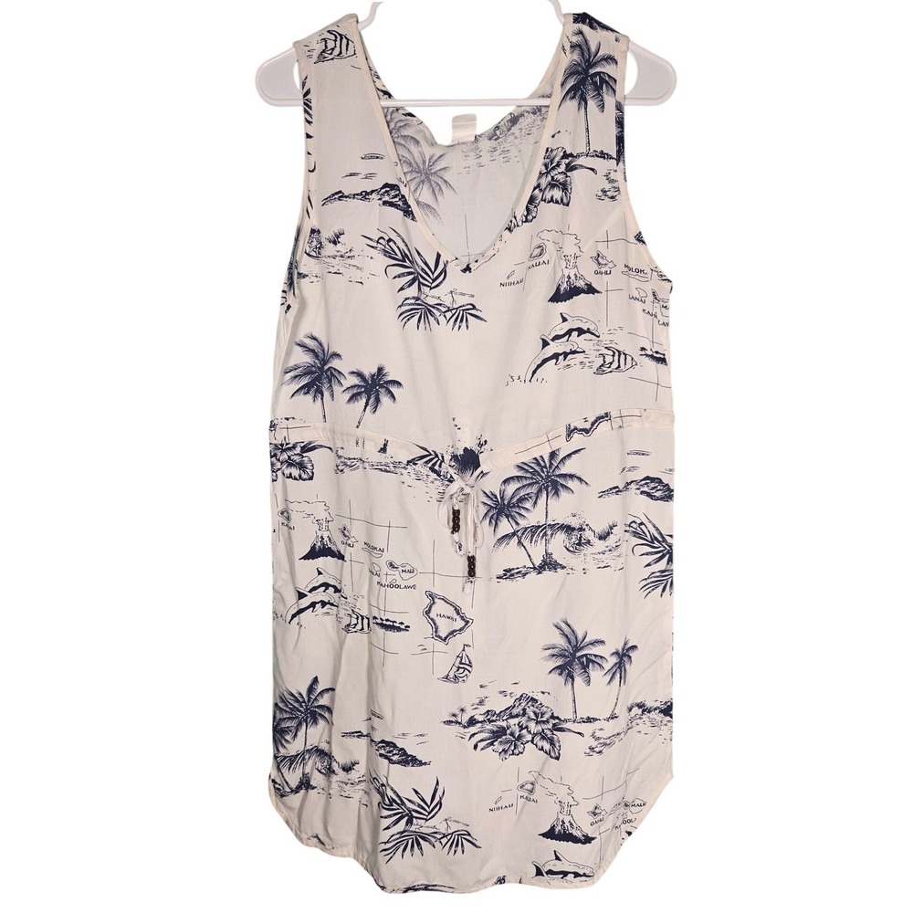 Palmwave Hawaii Women White Navy Rayon Tropical Map‎ Print V-Neck Dress Large